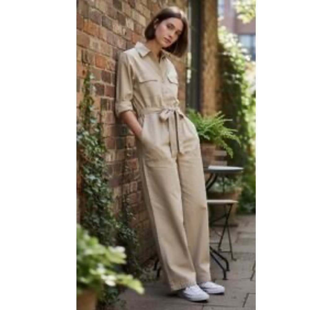 Max Studio Womens‎ Utility Jumpsuit Tan Khaki Long Sleeve Belted Wide Leg M NEW